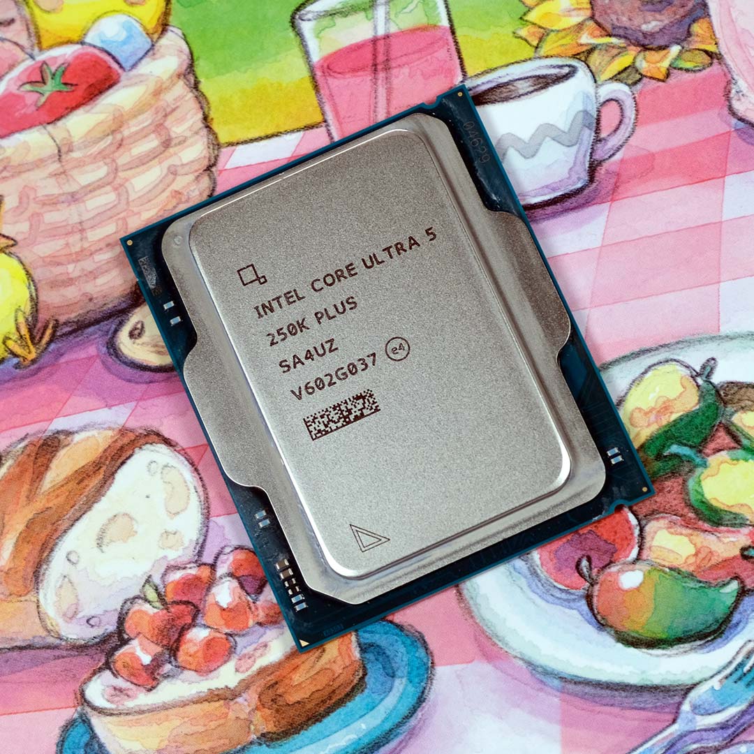 An Intel Core Ultra 5 250K Plus processor atop a picnic backdrop.