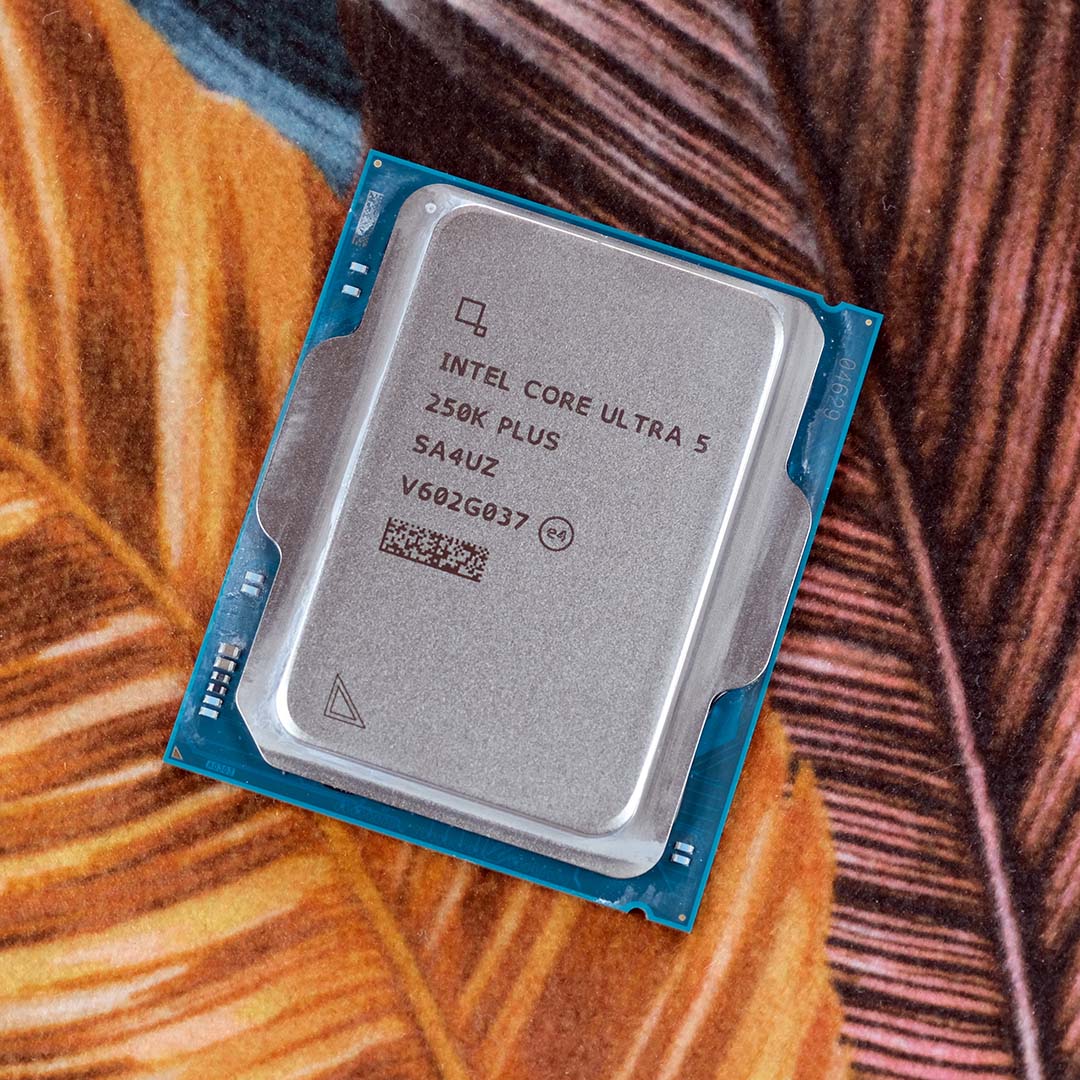 An Intel Core Ultra 5 250K Plus processor atop a fern backdrop.
