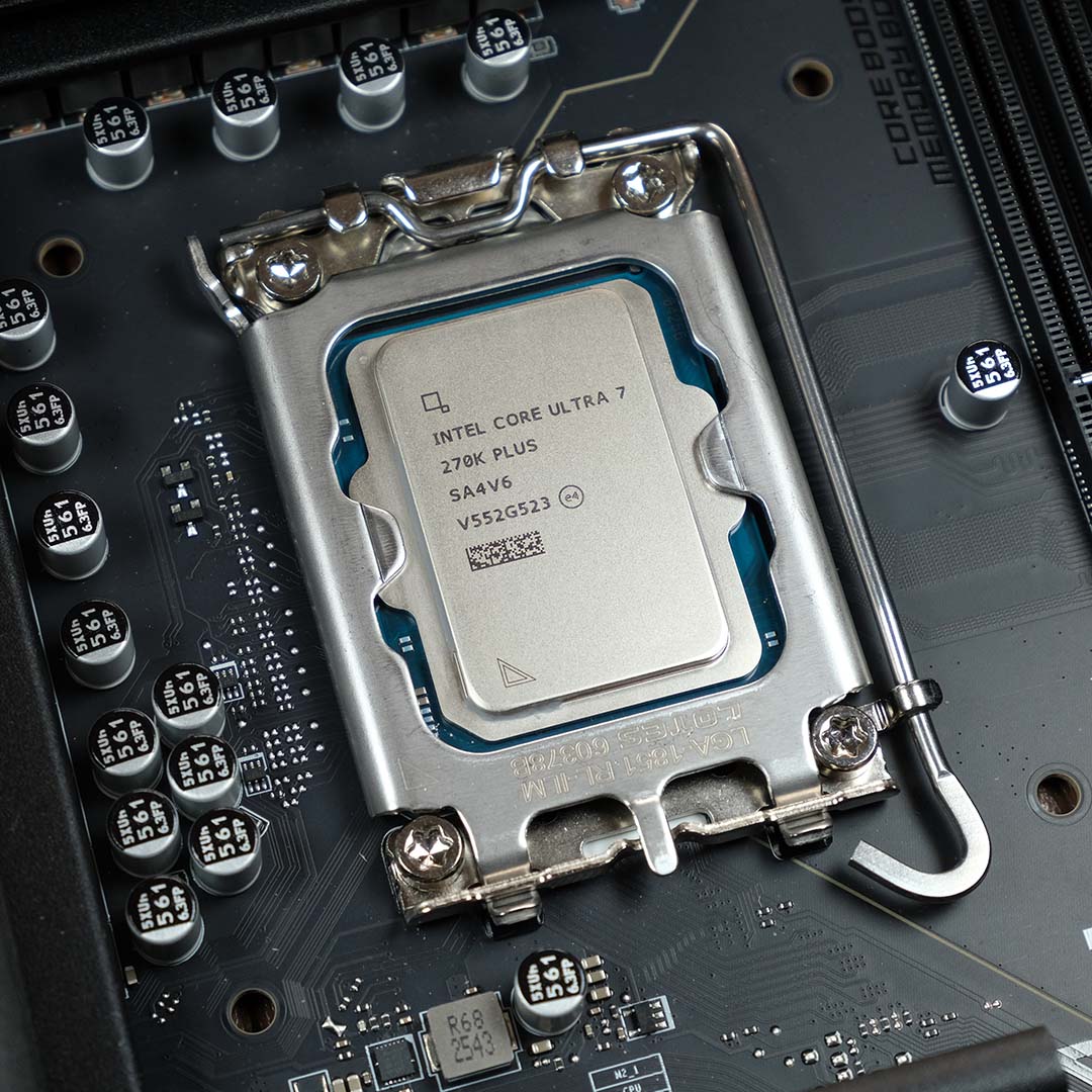 An Intel Core Ultra 7 270K Plus processor inside an LGA1851 CPU socket.