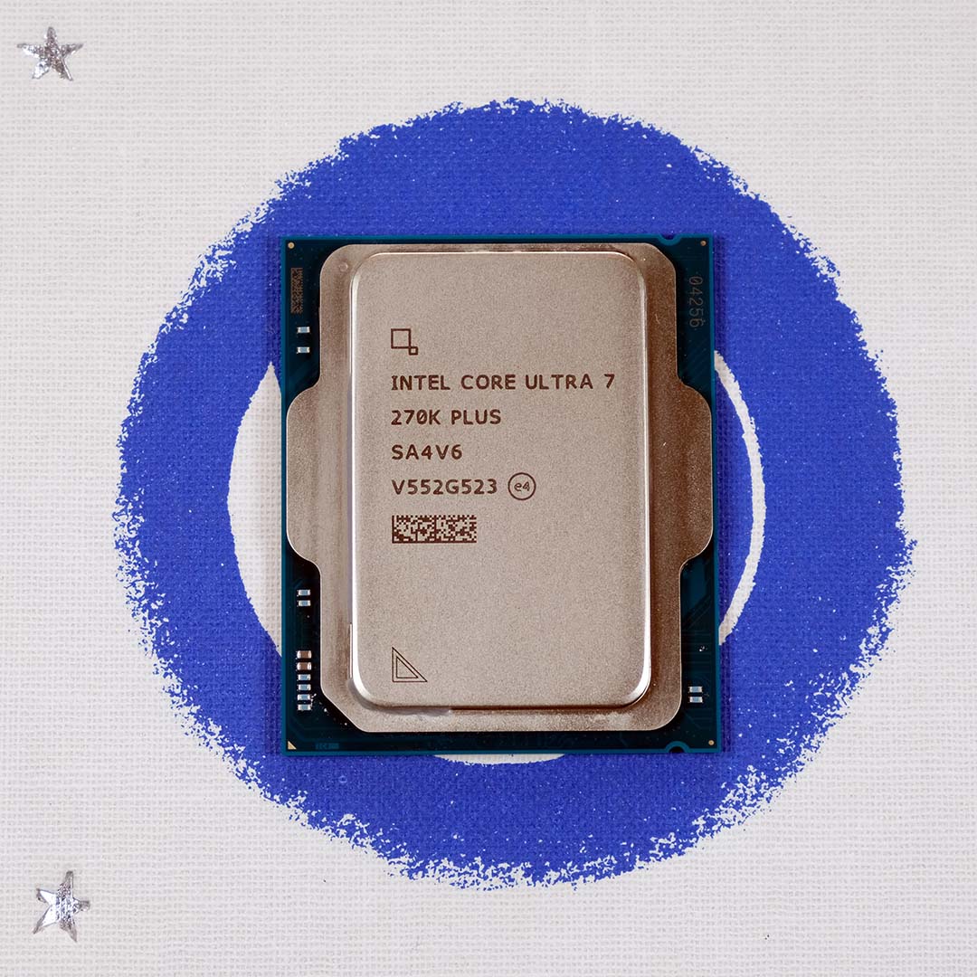 An Intel Core Ultra 7 270K Plus processor atop a blue circle motif, surrounded by stars.