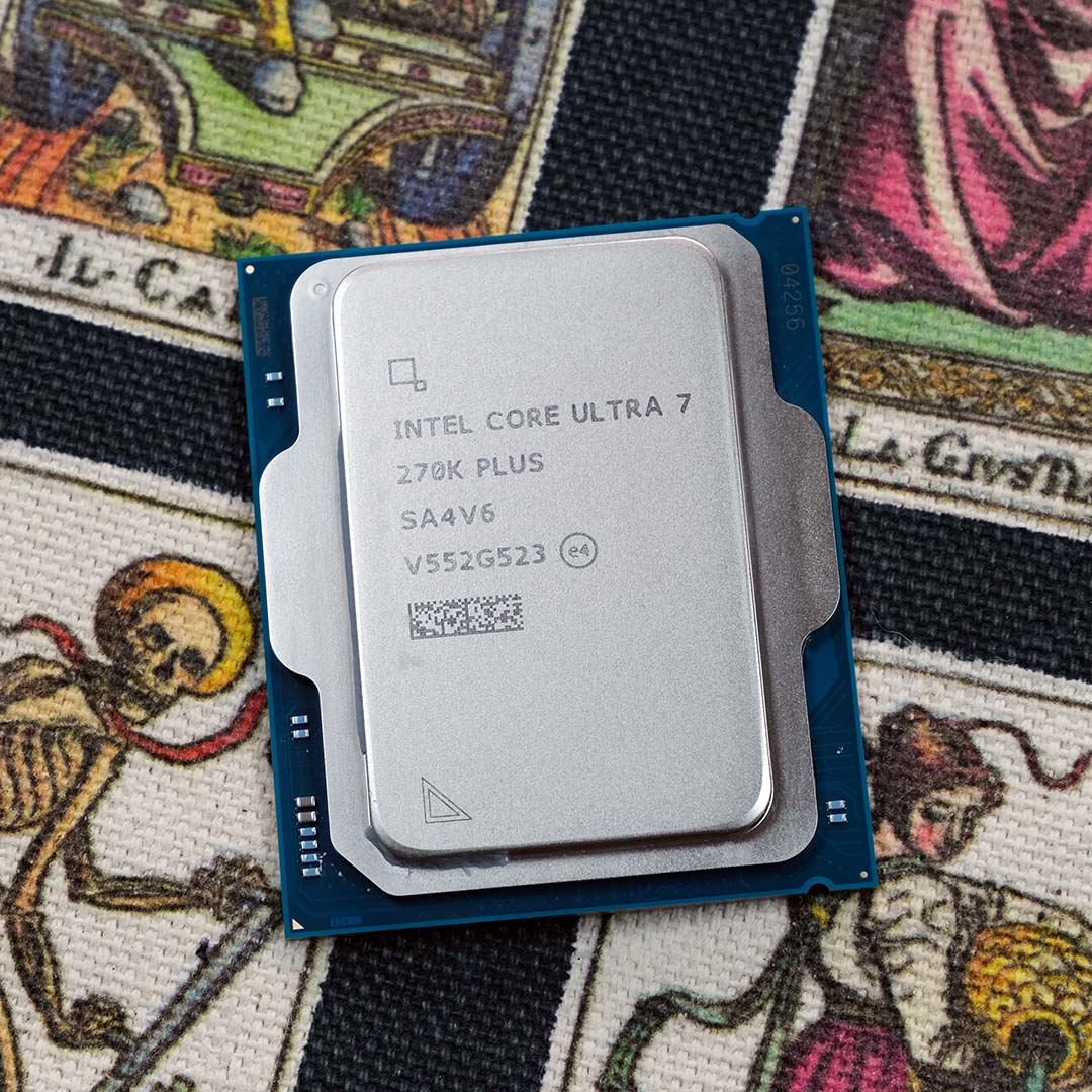 An Intel Core Ultra 7 270K Plus processor against a tarot backdrop.
