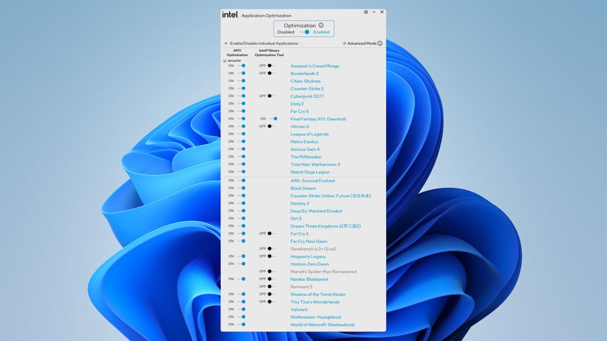 A screenshot of Intel Application Optimization, showcasing Binary Optimization Tool profiles.