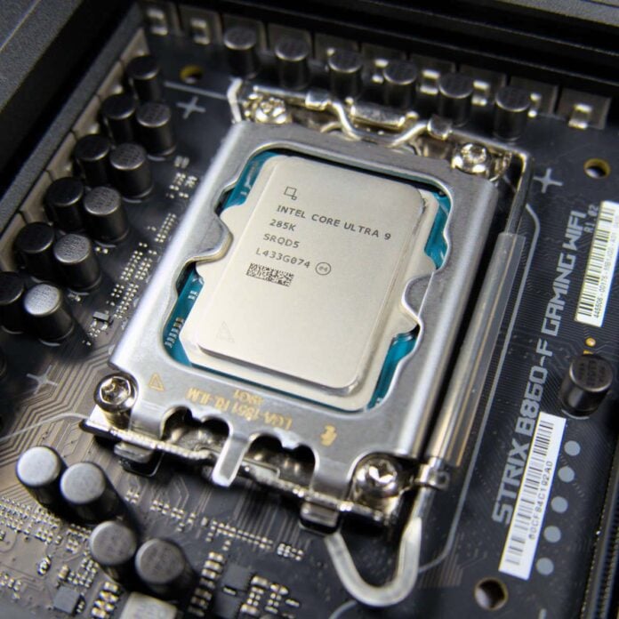 Intel Core Ultra 9285K CPU in an LGA1851 motherboard socket.