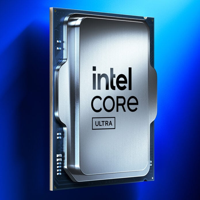 A side-on view of an Intel Core Ultra processor, floating against a blue backdrop.