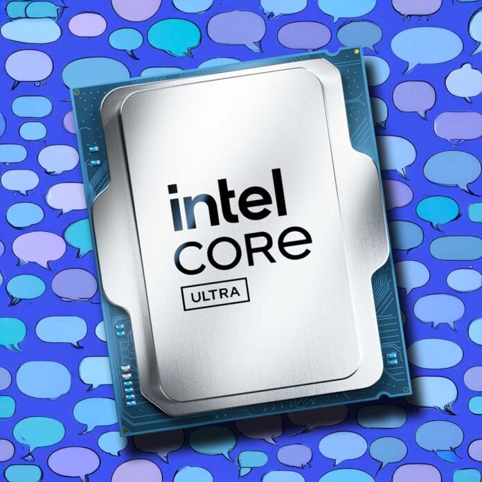 Intel Arrow Lake Core Ultra CPU on a background of speech bubbles