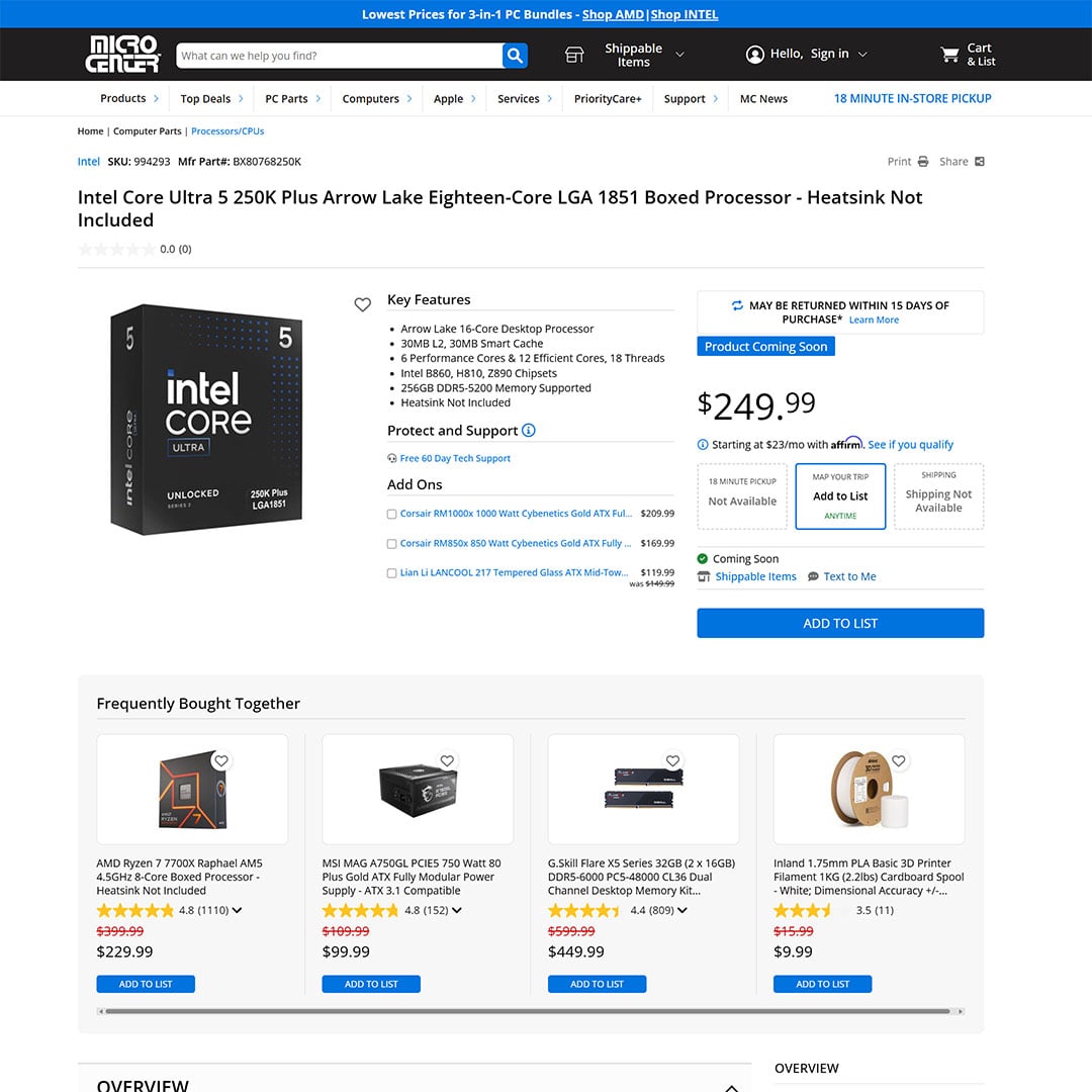A screenshot of a Micro Center listing for the Core Ultra 5 250K Plus at $249.