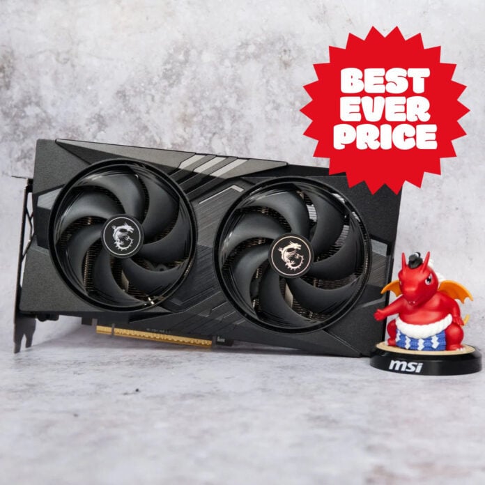 An MSI GeForce RTX 5060 Gaming OC (left), standing upright next to a Lucky the Dragon figure (right), with a sticker floating above them reading 'Best Ever Price'.