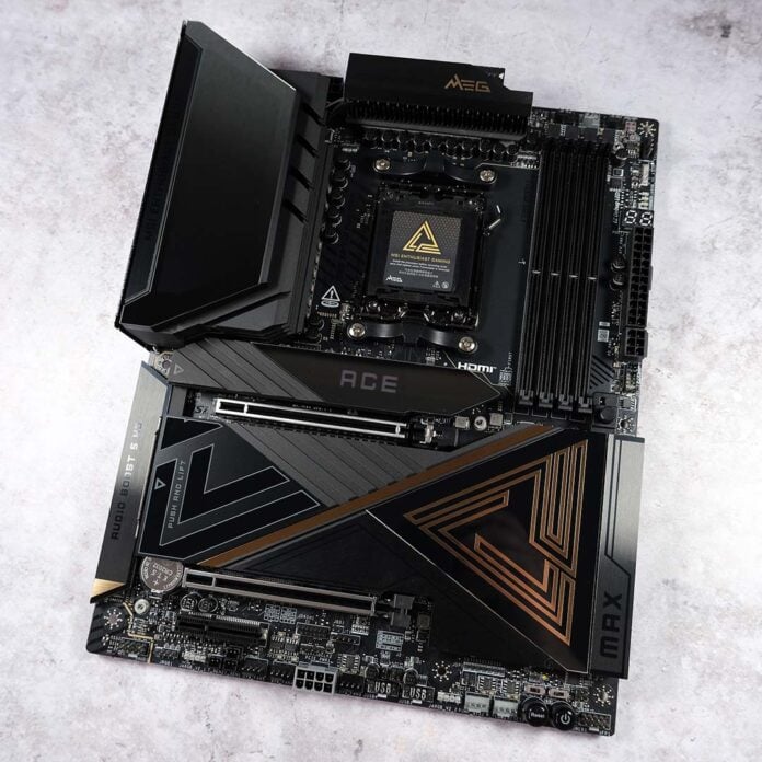 A top-down shot of the MSI MEG X870E Ace Max motherboard.