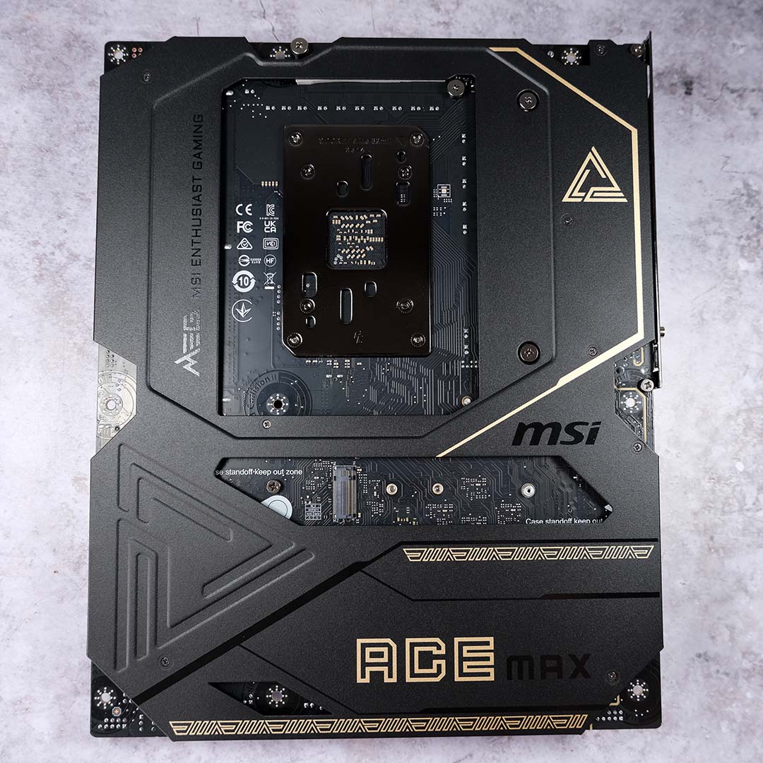 A top-down view of the MSI MEG X870E Ace Max's backplate.