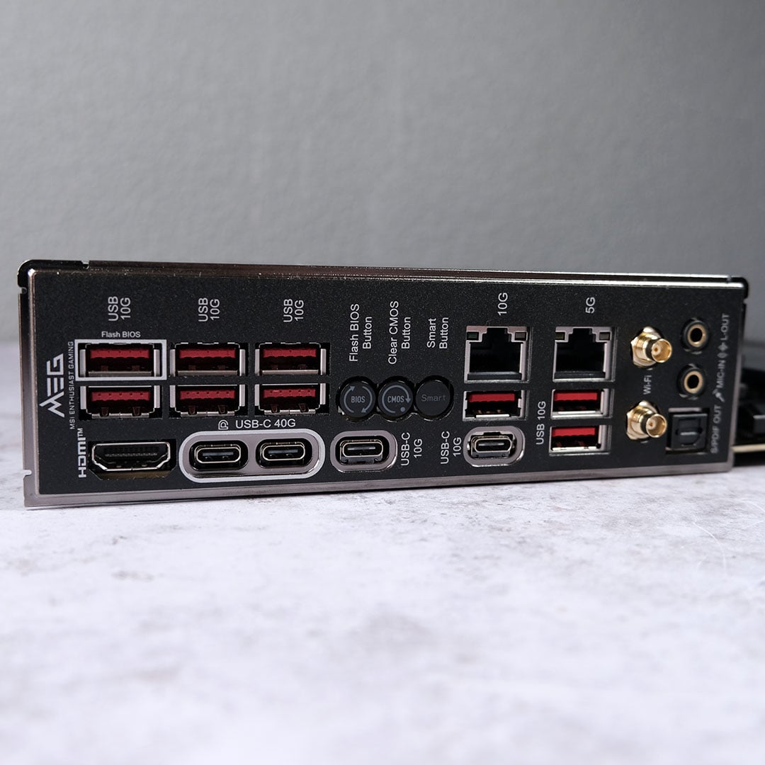 A close-up of the MSI MEG X870E Ace Max's rear ports.