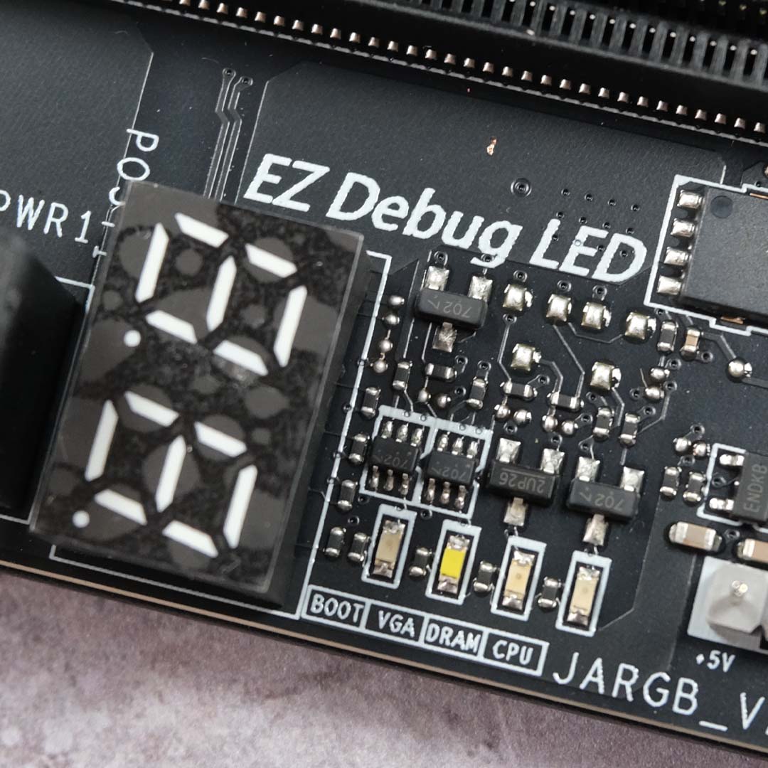 A close-up of the EZ Debug LED array on the MEG X870E Ace Max motherboard.