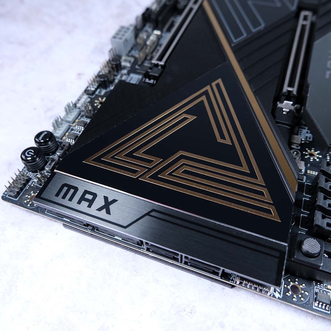 A close up of the MEG Max logo on the MEG X870E Ace Max's secondary M.2 heatsink.