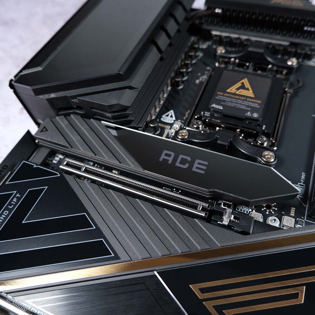 A medium shot of the primary M.2 heatsink on the MSI MEG X870E Ace Max motherboard.