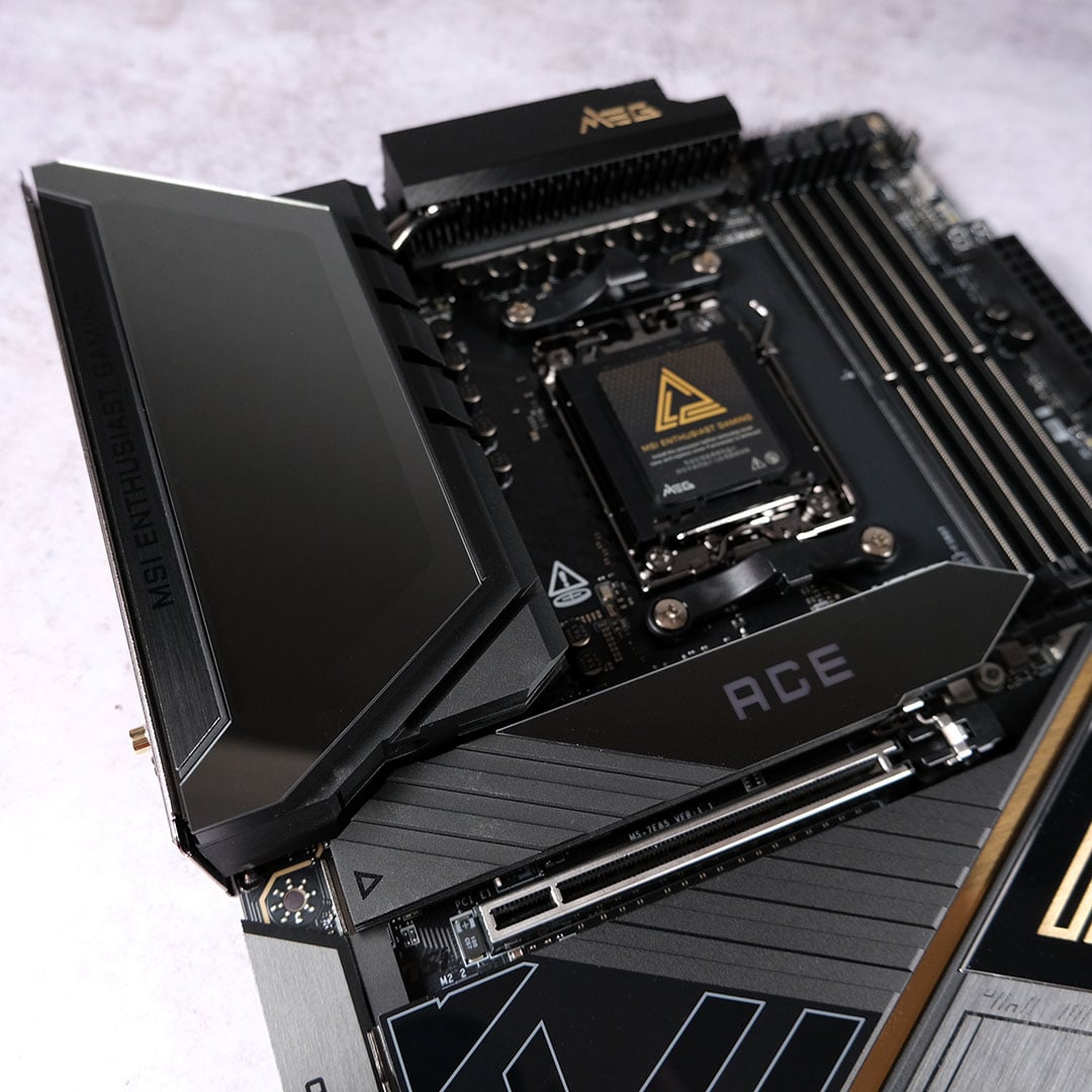 A top-down view of the MSI MEG X870E Ace Max, focussing on its VRM heatsink.