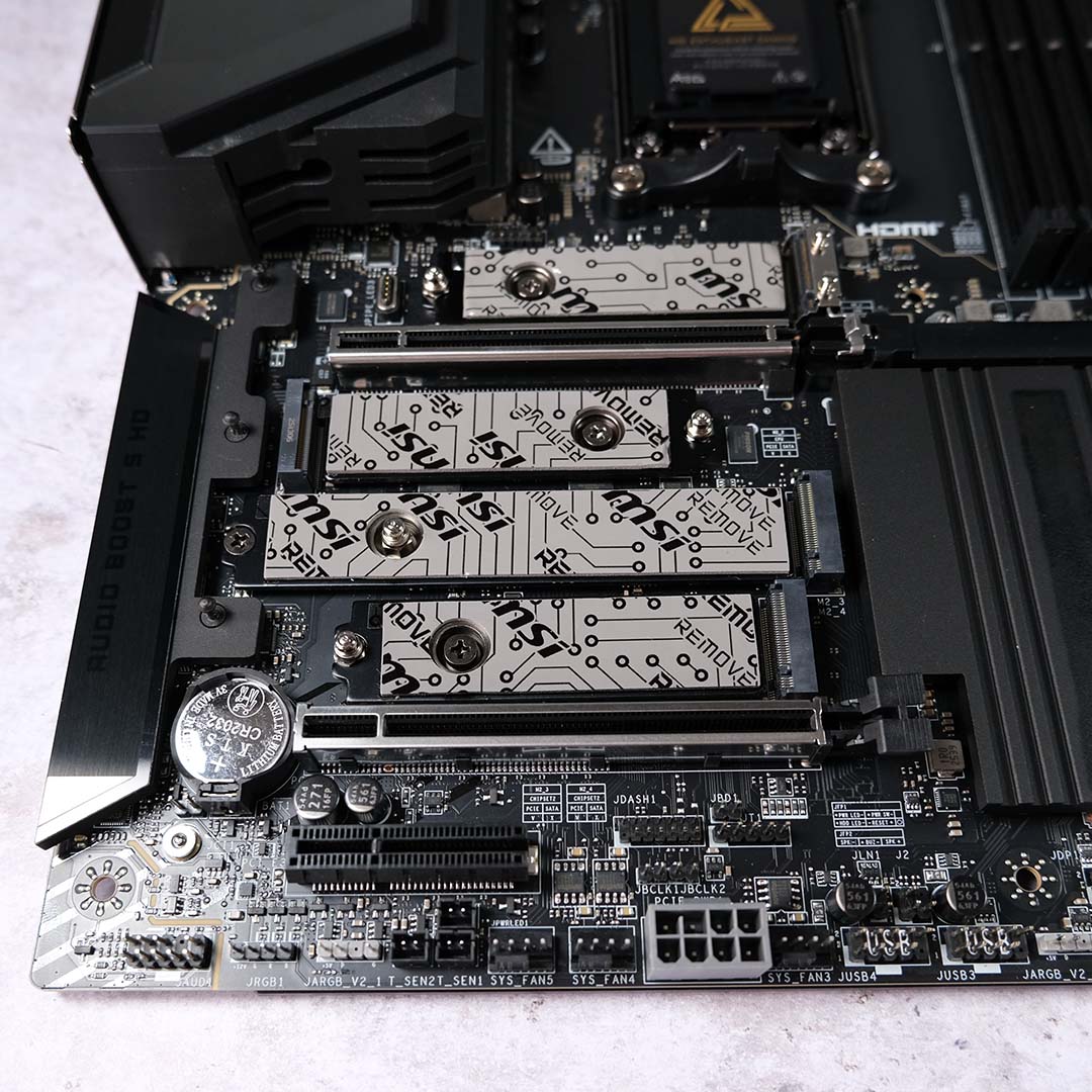 A top-down view of the expansion slots on the MSI MEG X870E Ace Max motherboard.