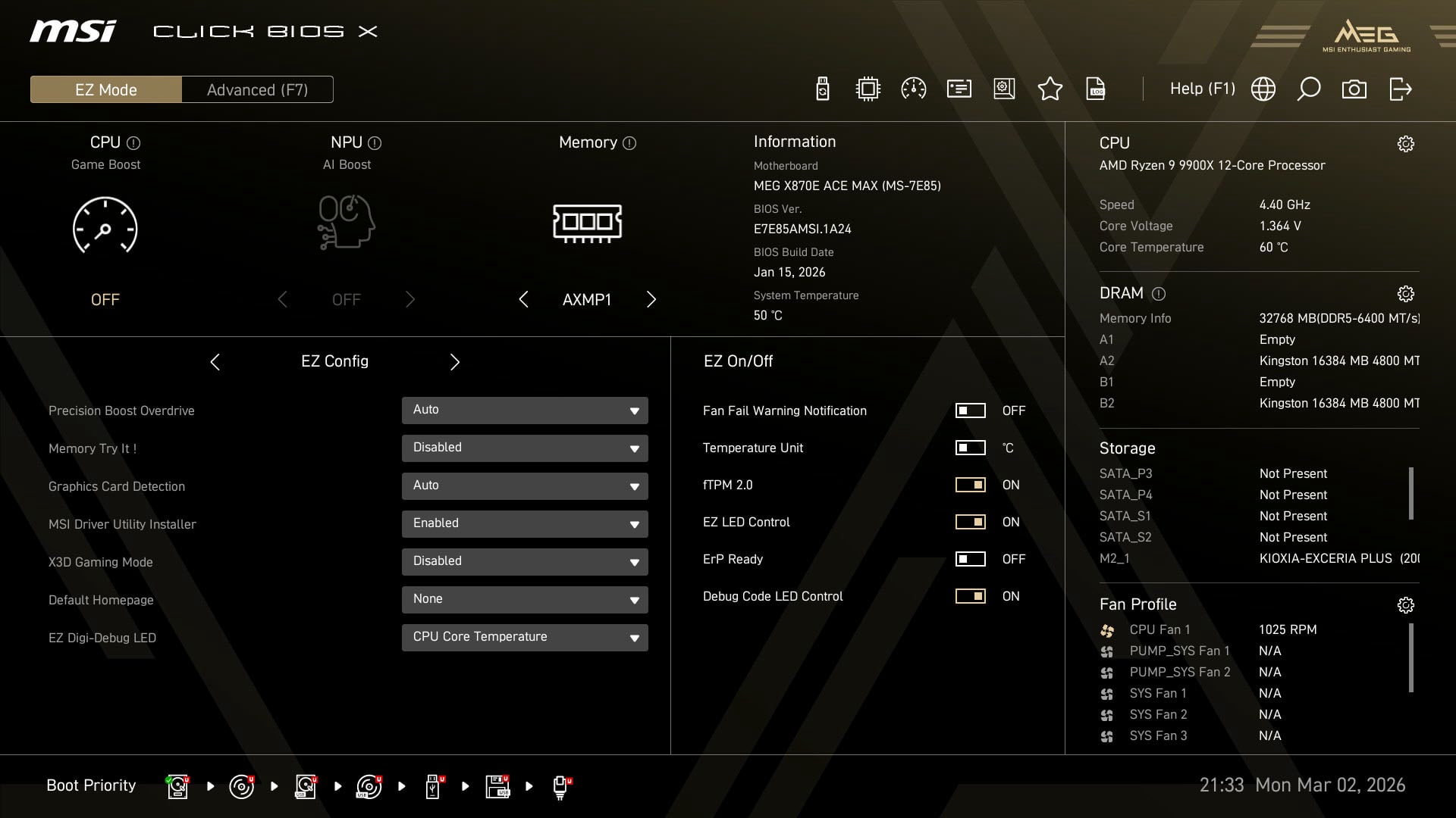 The 'EZ Mode' tab inside the MSI MEG X870E Ace Max's firmware.