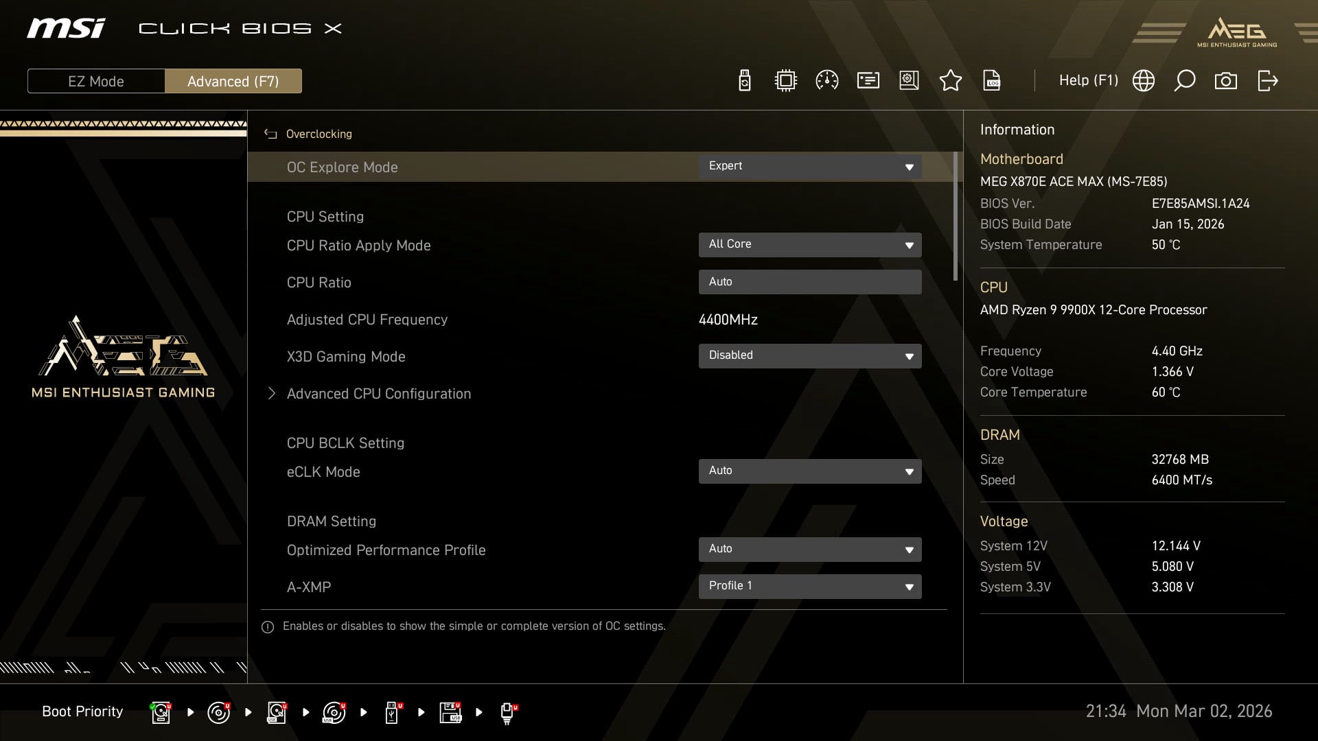 The 'Advanced' tab inside the MSI MEG X870E Ace Max's firmware.