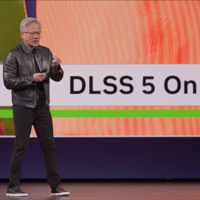 Nvidia CEO Jensen Huang (left), standing next to a screen with text that reads 'DLSS 5 On'.