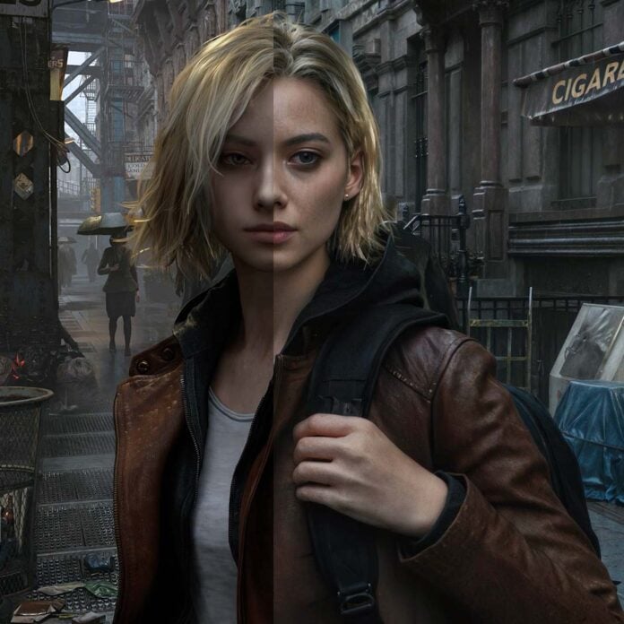 An image split into two halves of Resident Evil Requiem protagonist Grace Ashcroft with DLSS 5 effects off (left) and on (right).