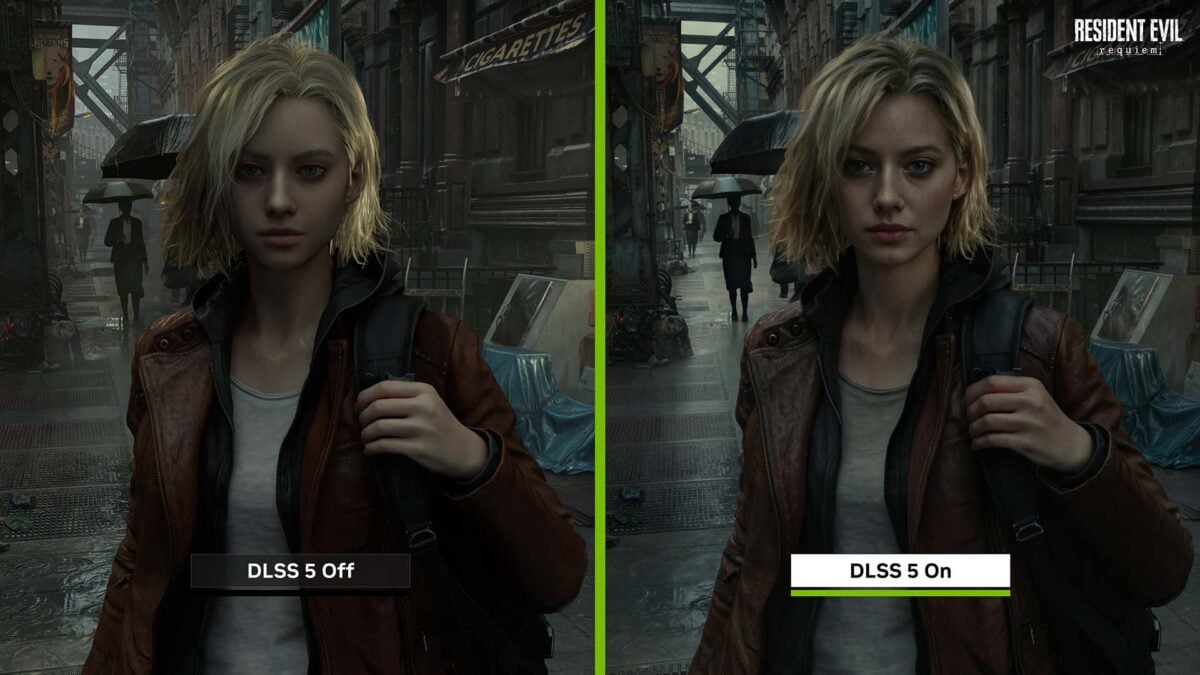 A side-by-side comparison DLSS 5 off (left) and on (right), in Resident Evil Requiem.