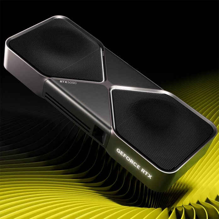 An Nvidia GeForce RTX 5090 Founders Edition floating above yellow ridges.