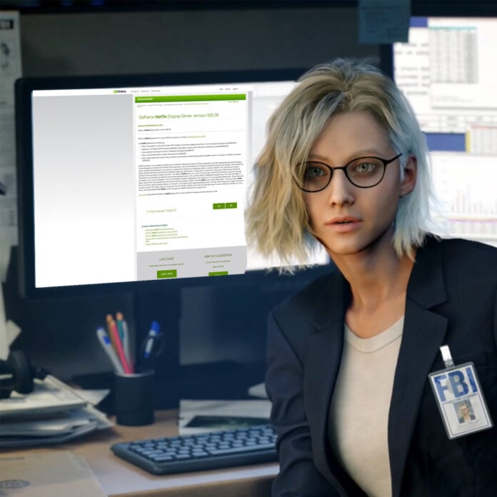 Grace Ashcroft (right) faces the camera while an Nvidia support article displays on her PC (left).