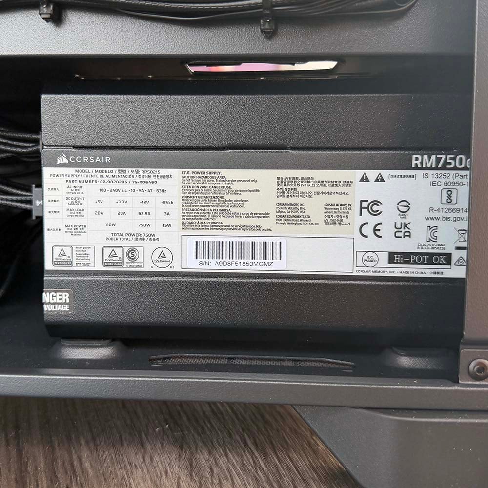 PCSpecialist Phantom internals, showing Corsair RM750e PSU