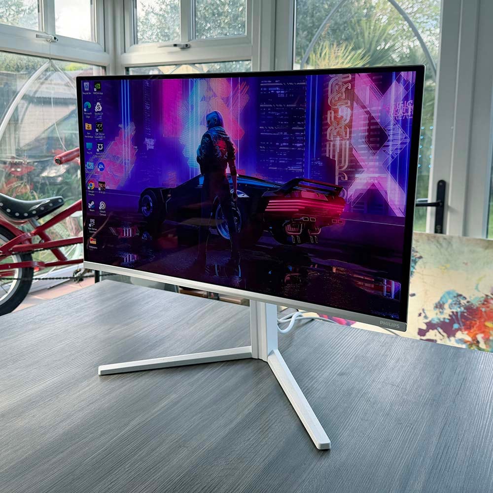 Philips Evnia 27M2N6501L displaying Cyberpunk 2077 wallpaper