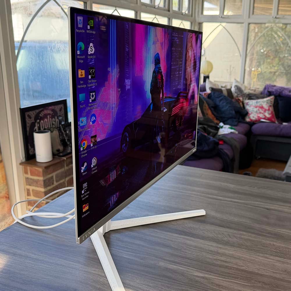 Philips Evnia 27M2N6501L displaying Cyberpunk 2077 wallpaper