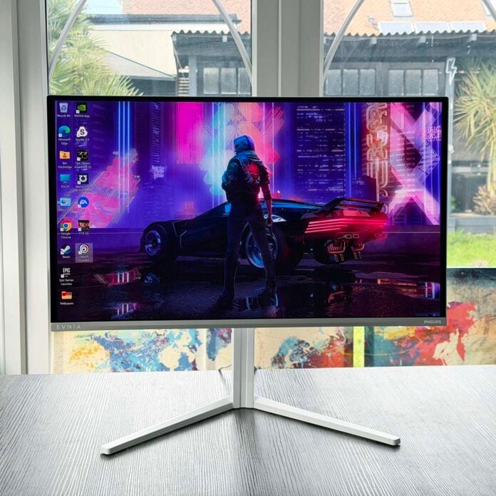 Philips Evnia 27M2N6501L displaying Cyberpunk 2077 wallpaper