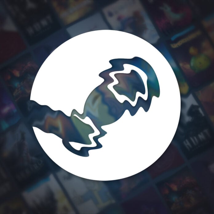 A wavey Steam logo, on top of game posters.