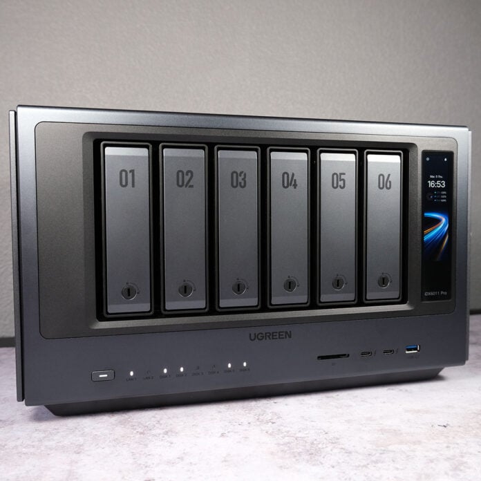 A side-on view of the Ugreen NASync iDX6011 Pro.