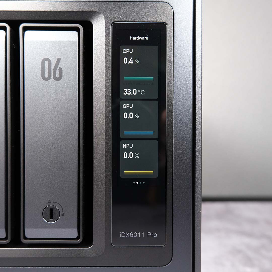 A close-up of the Ugreen NASync iDX6011 Pro's screen, displaying component usage and temperatures.