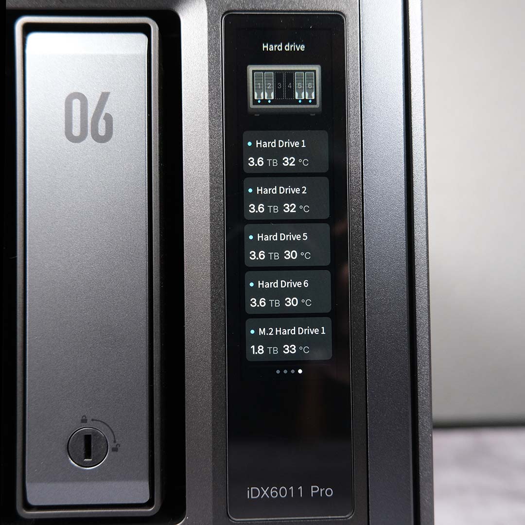 A close-up of the Ugreen NASync iDX6011 Pro's screen, displaying active hard drives, their capacity, and temperatures.
