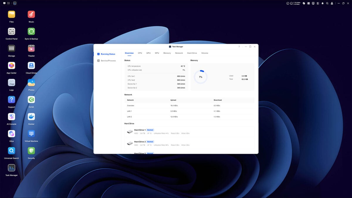 The UGOS Pro Task Manager, running on the Ugreen NASync iDX6011 Pro.