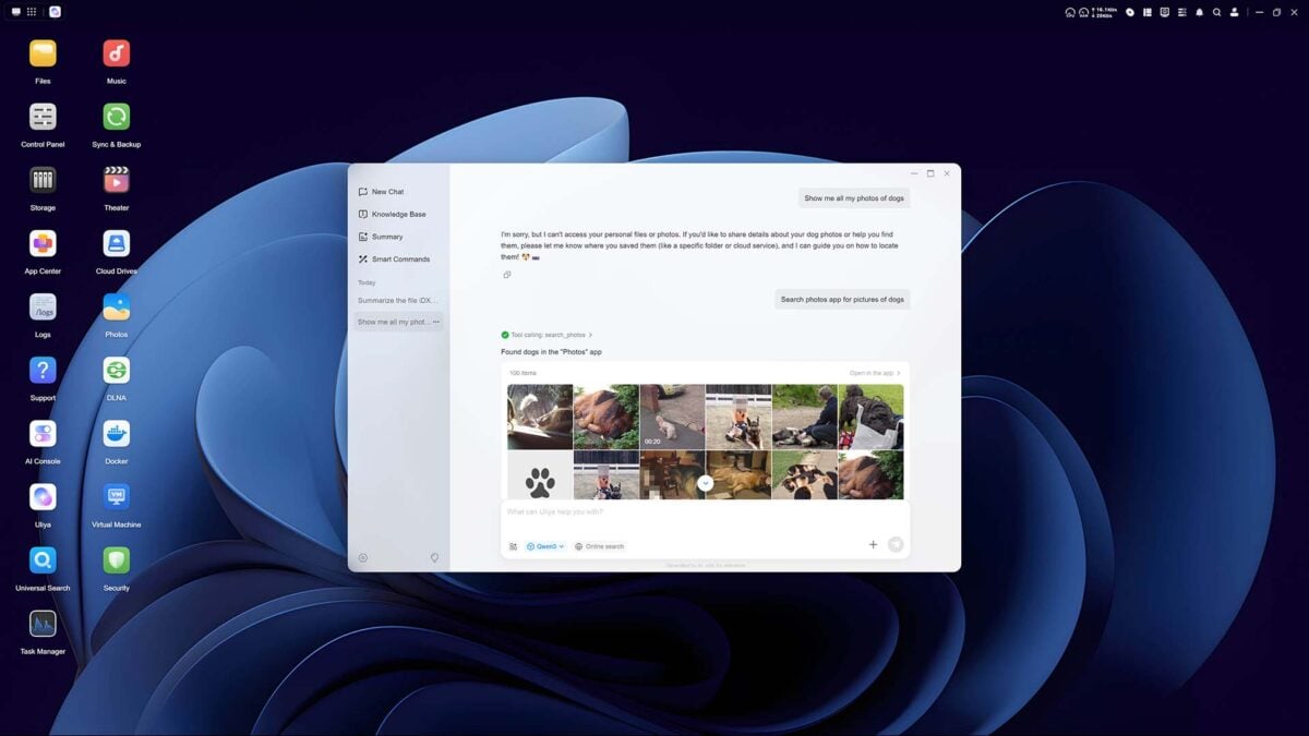 Uliya performing agentic search, running on the Ugreen NASync iDX6011 Pro.
