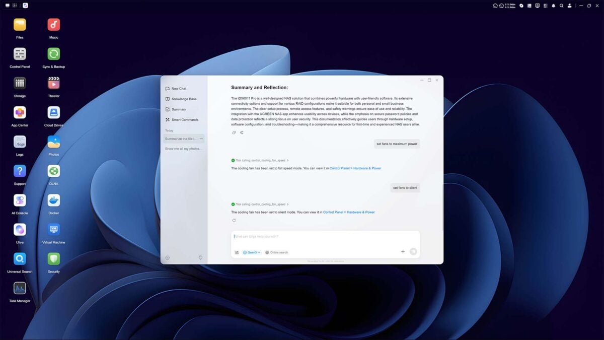 Uliya performing agentic commands, running on the Ugreen NASync iDX6011 Pro.