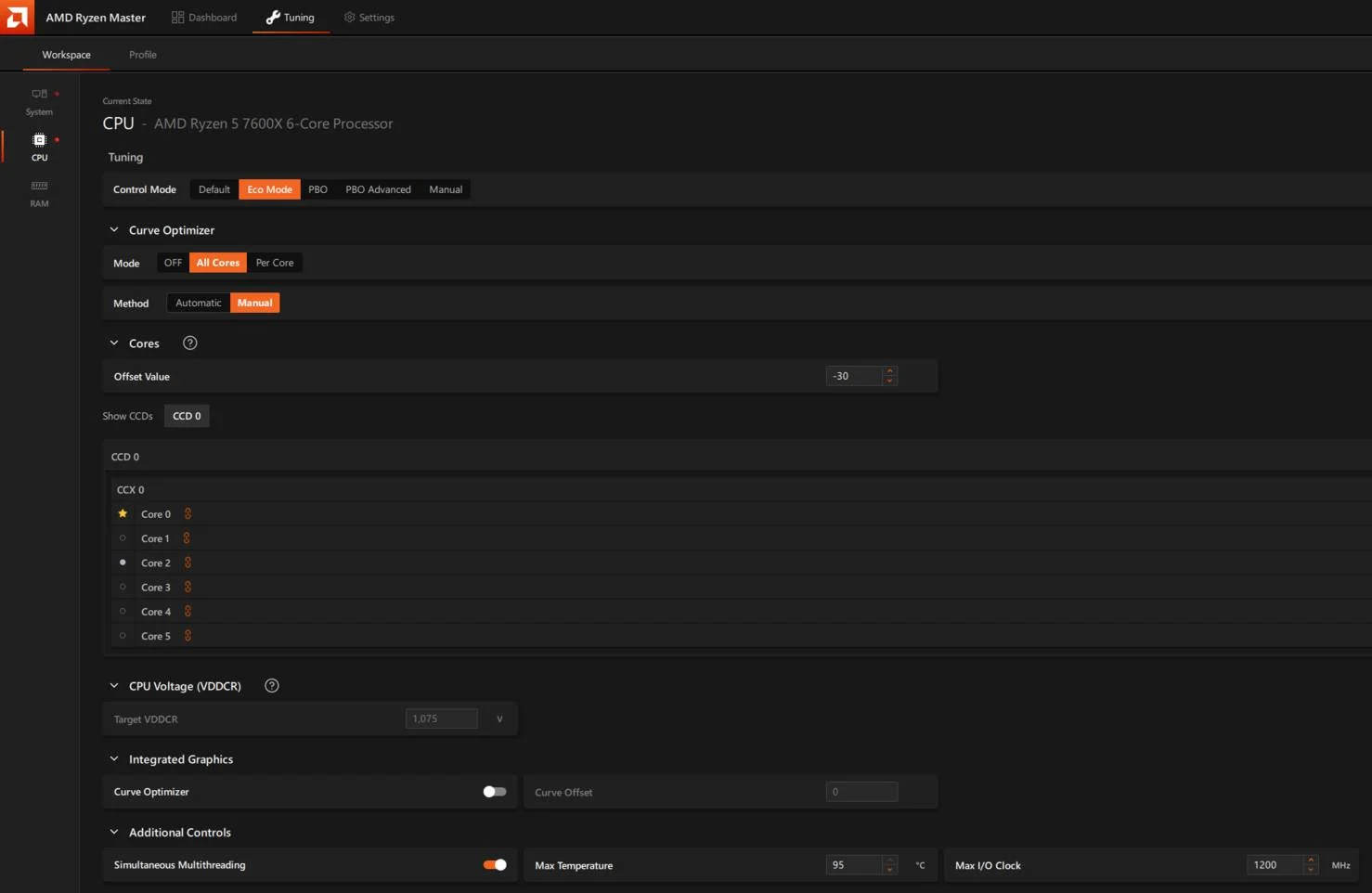 AMD Ryzen Master - tuning CPU page.