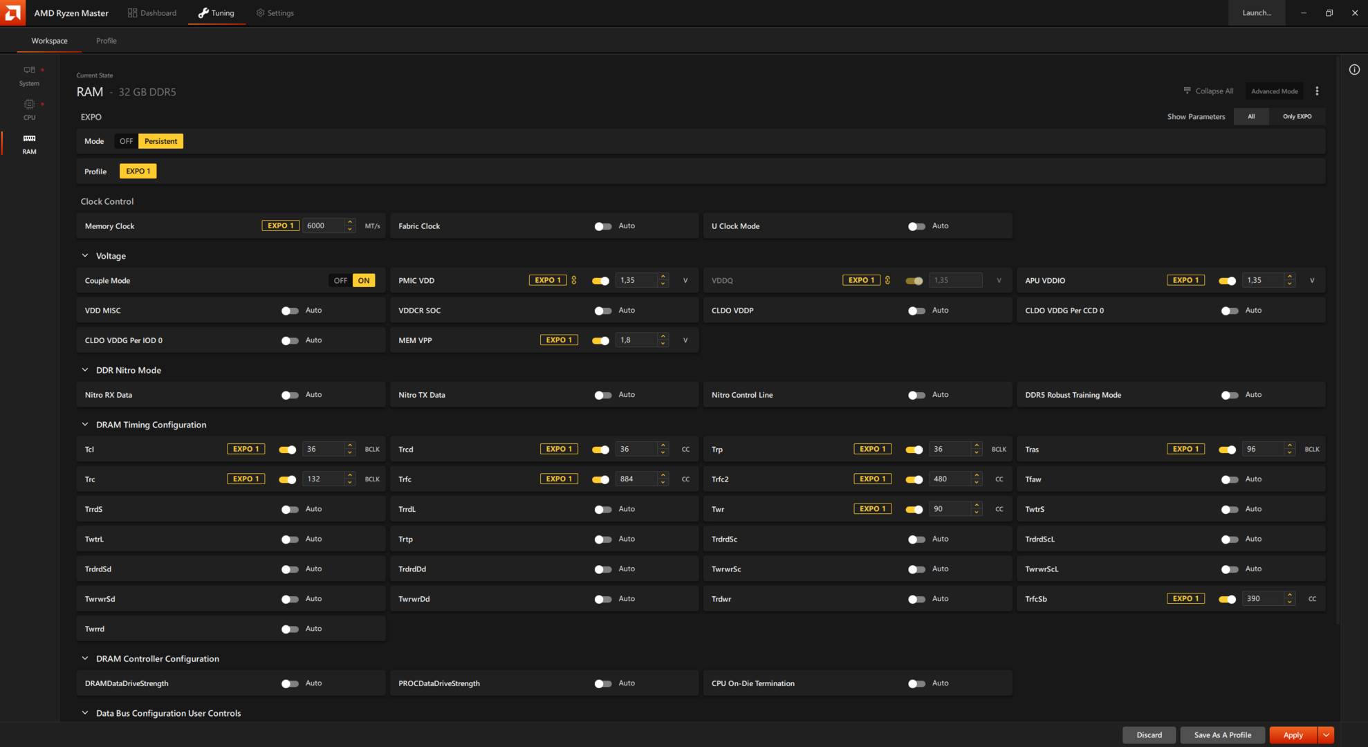 AMD Ryzen Master - tuning RAM page.