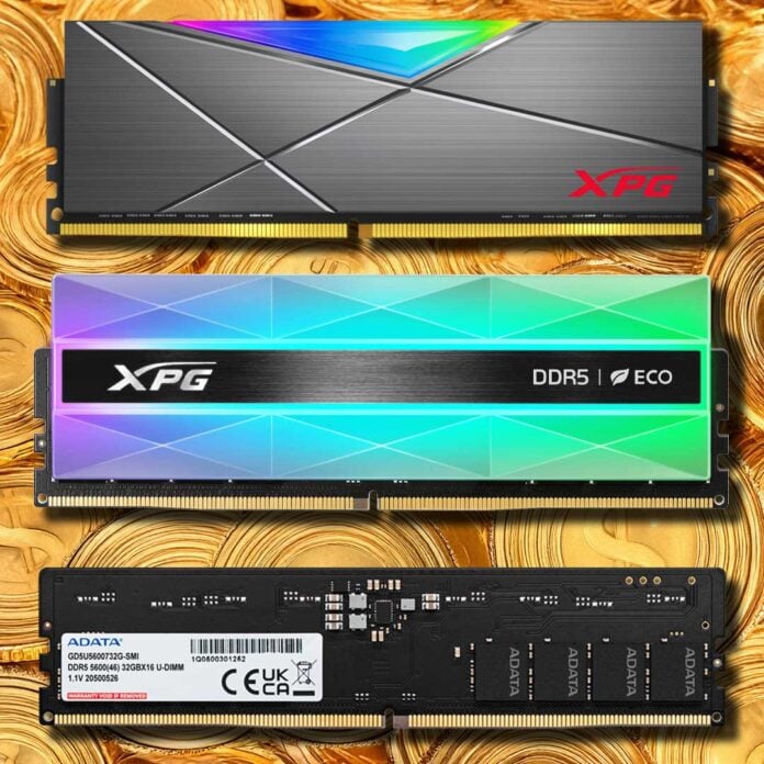 ADATA memory modules on top of a pile of gold coins