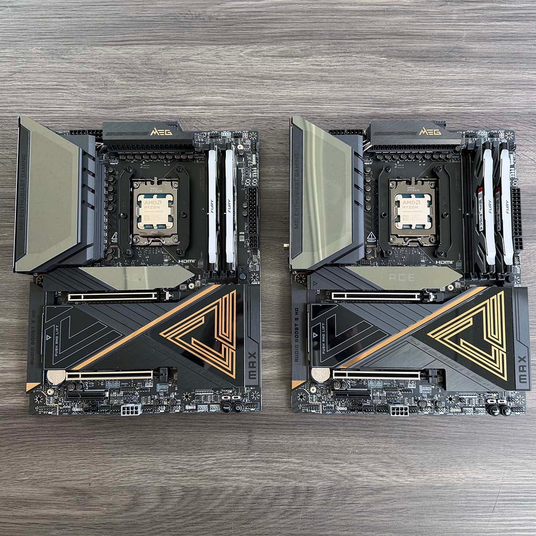 AMD Ryzen 9 9950X3D CPUs installed in MSI MEG X870E Ace Max motherboards with Kingston RAM