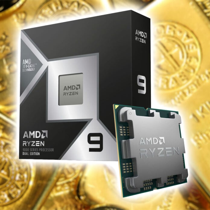 An AMD Ryzen 9 9950X3D2 retail box (left) and processor (right) surrounded by a white glow, atop a background of gold bars.
