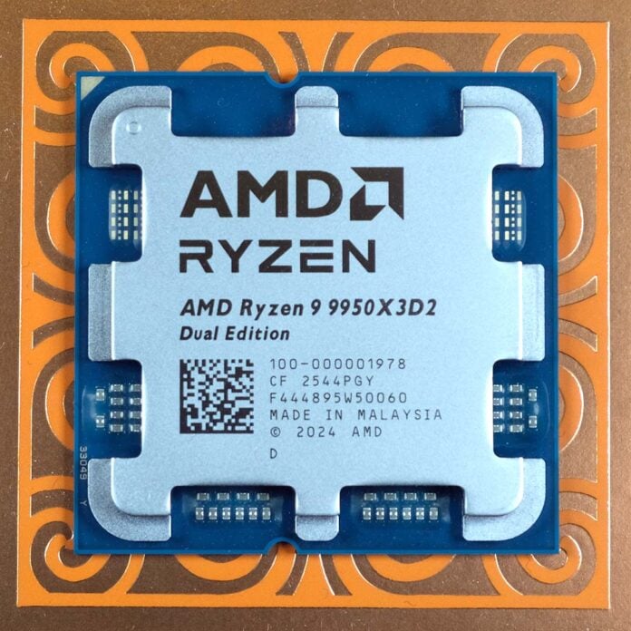 The AMD Ryzen 9 9950X3D2 atop a golden-orange swirl.