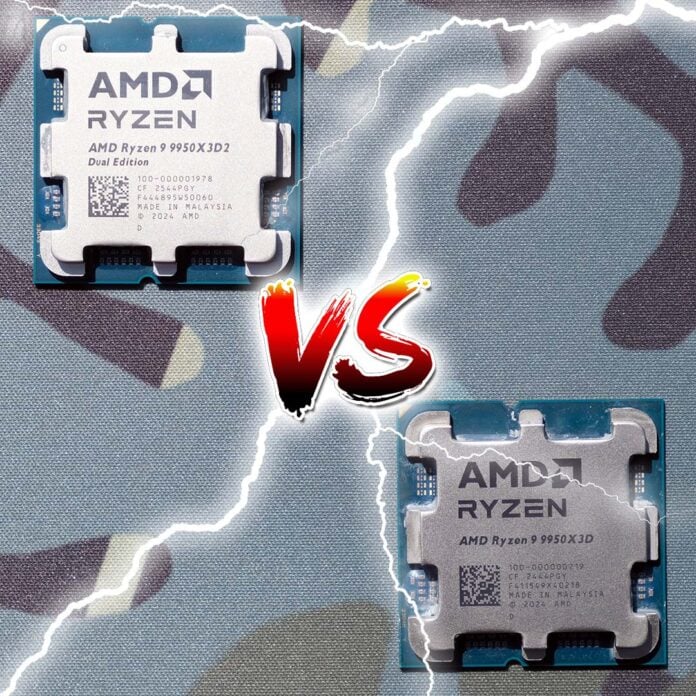An AMD Ryzen 9 9950X3D 2 Dual Edition (top left) and Ryzen 9 9950X3D (bottom right) on a leafy backdrop, covered in lightning and separated by a glowing red 'VS' symbol.