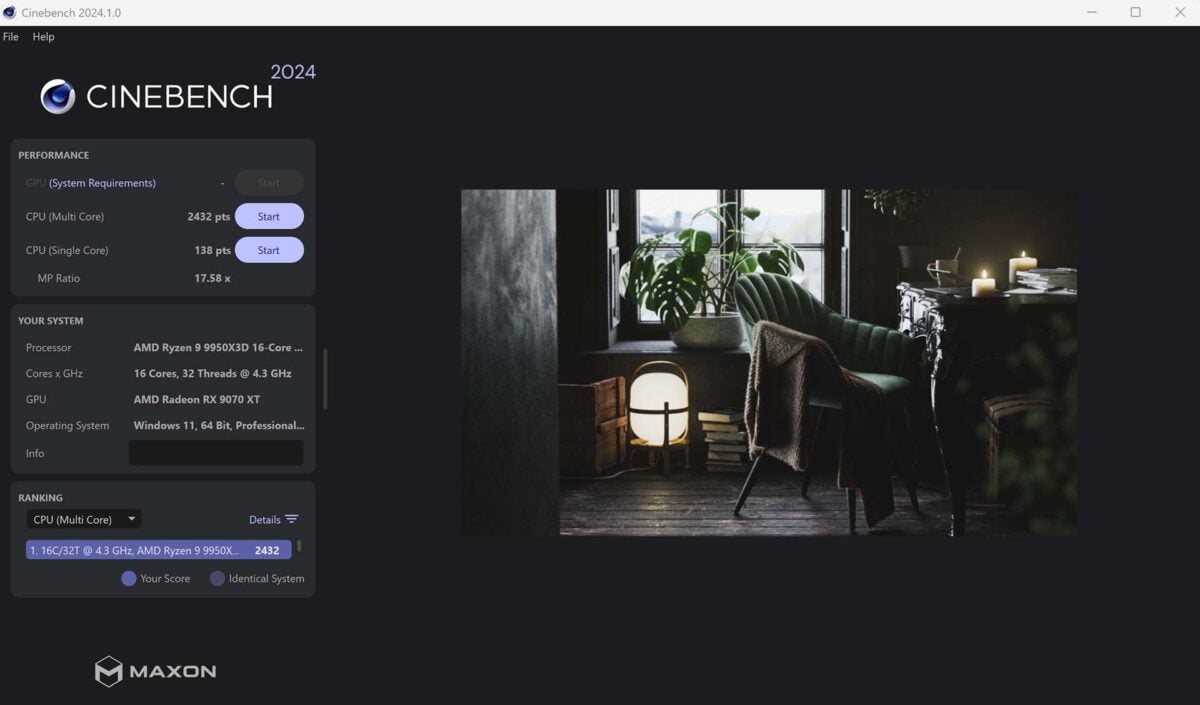 Club386 test rig Cinebench 24 performance screenshot