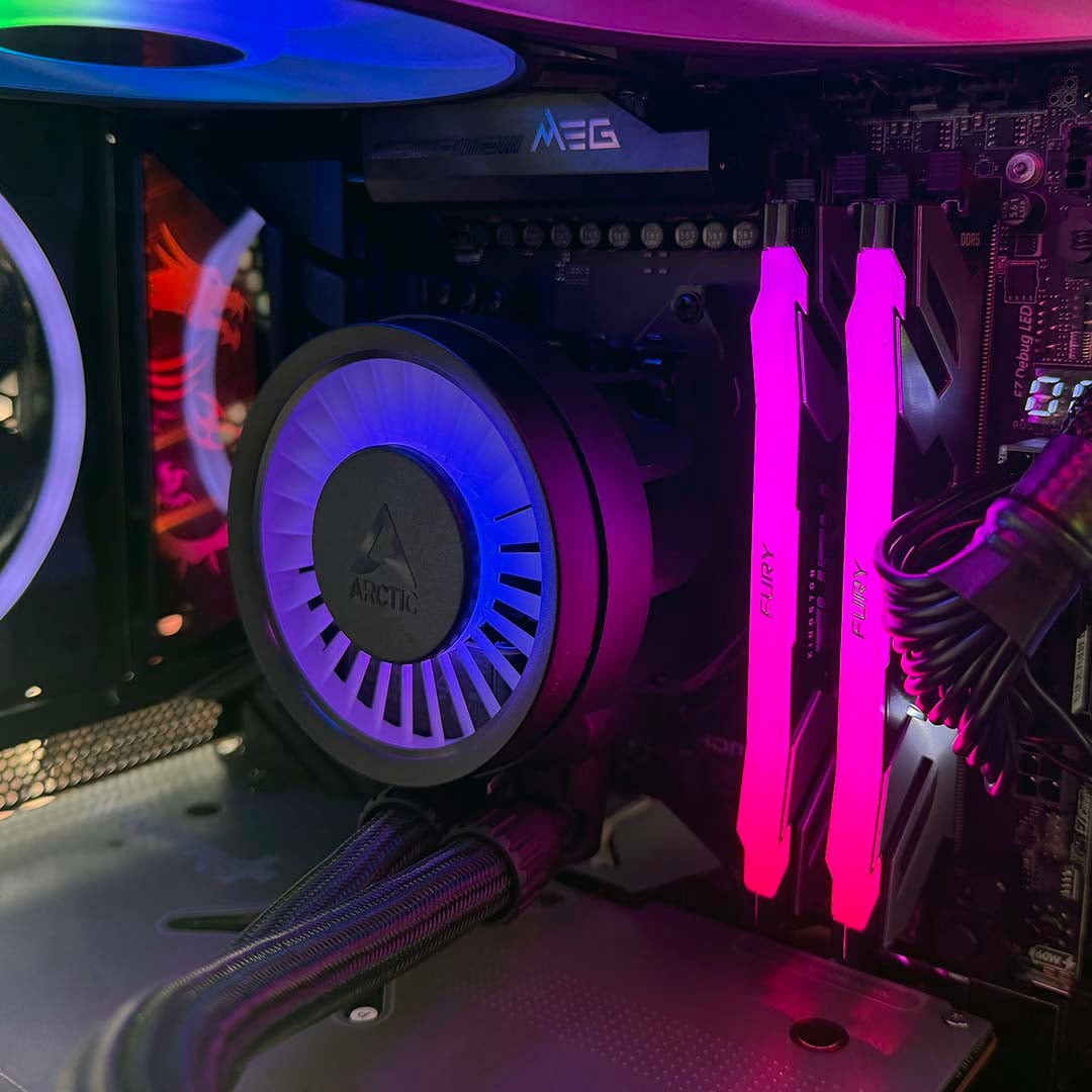 Inside Club386 2026 test rig, showing Arctic Liquid Freezer III Pro ARGB cooler, Kingston Fury Renegade RAM, and MSI Meg X870E Ace Max motherboard