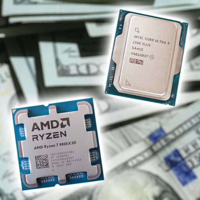 An AMD Ryzen 7 9800X3D (bottom left) and Intel Core Ultra 5 250K Plus (top right), floating above a blurred pile of $100 bills.