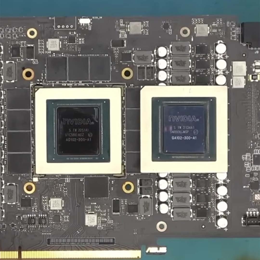 Fake Nvidia GeForce RTX 4090 with laser-engraved model number, next to an RTX 3090 GPU