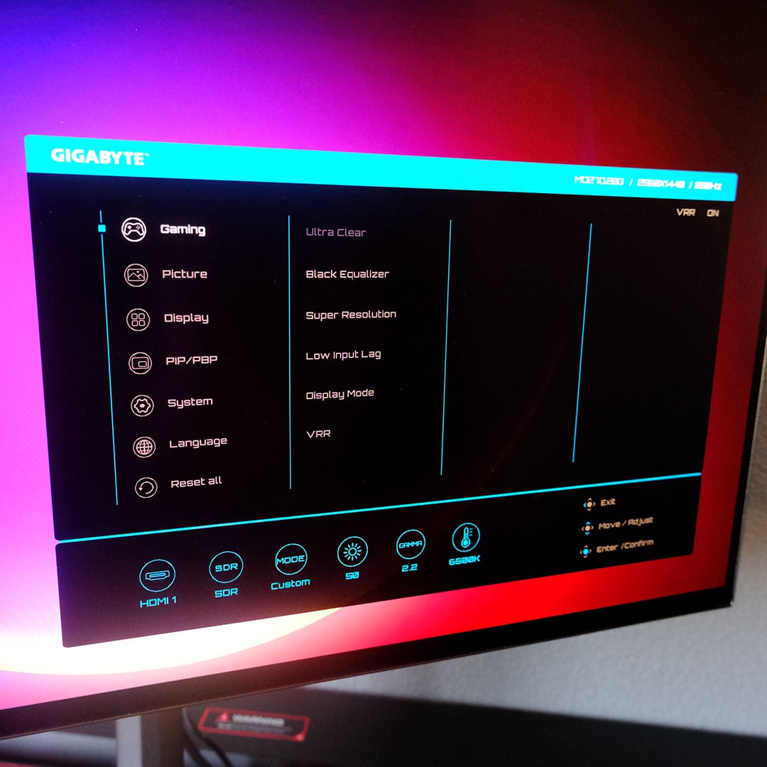 A close-up of the OSD on the Gigabyte MO27Q28G monitor.