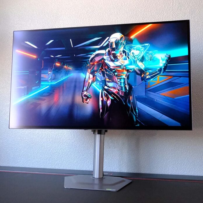 The Gigabyte MO27Q28G monitor, displaying Gigabyte artwork.